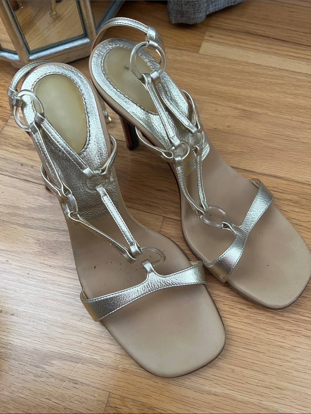 Casadei Metallic Gold T-Strap Chain-Link Heeled Sandals